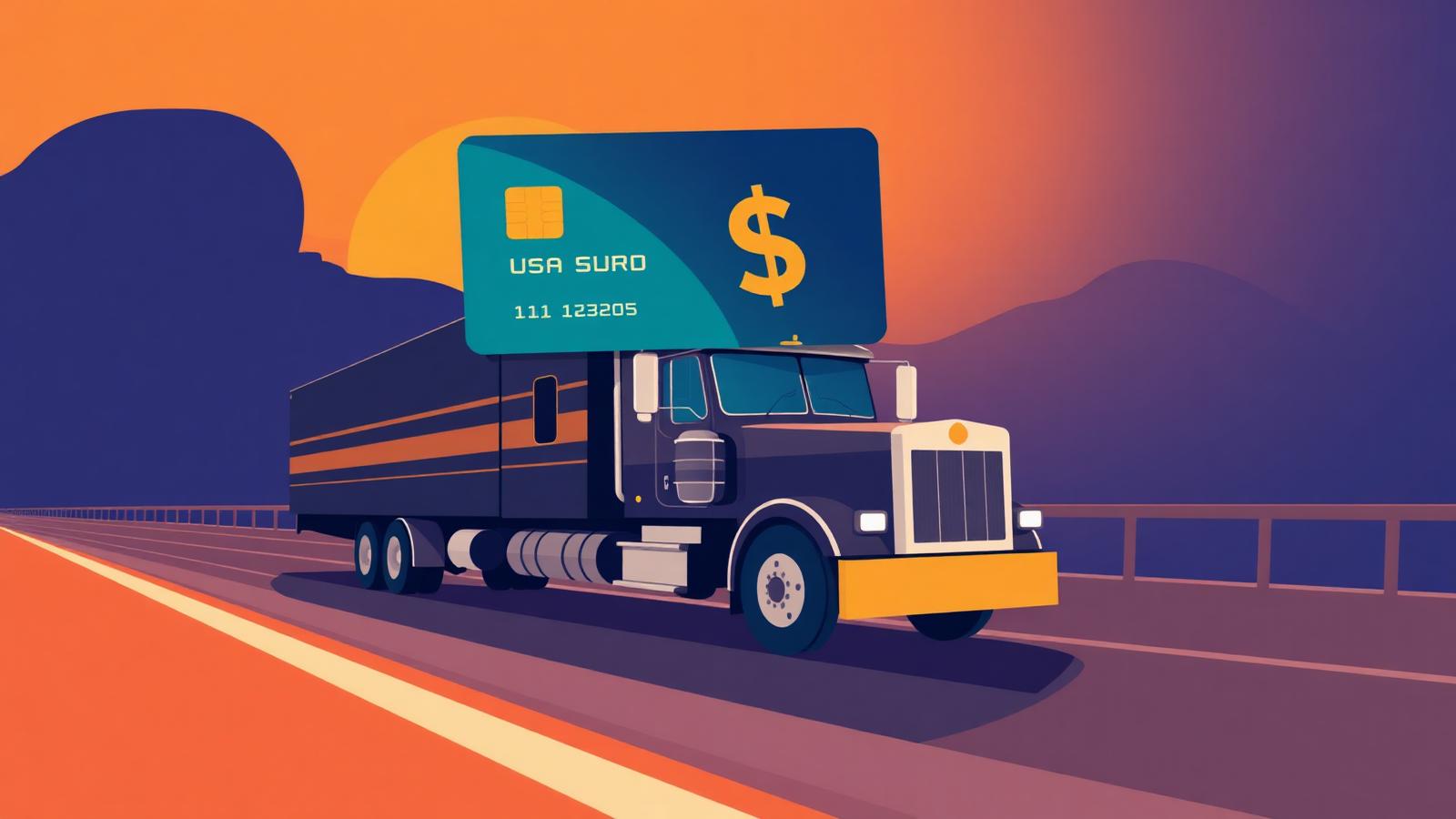 Semi-truck on a highway at sunrise with an oversized fuel card floating above it
